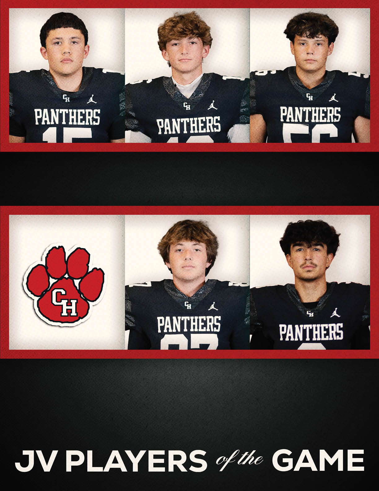 Five people wearing black football jerseys with “Panthers" on the front are arranged in two rows with a red paw print logo on the left side of the bottom row and the text "JV Players of the Game" below. Description generated by AI
