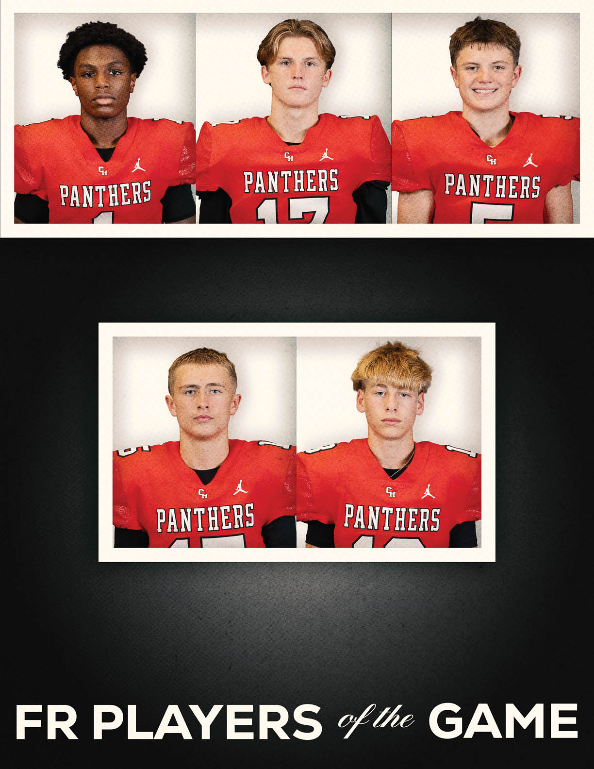 Five young people wearing red football jerseys with the word Panthers pose for portraits above the text FR PLAYERS of the GAME on a dark background. Description generated by AI