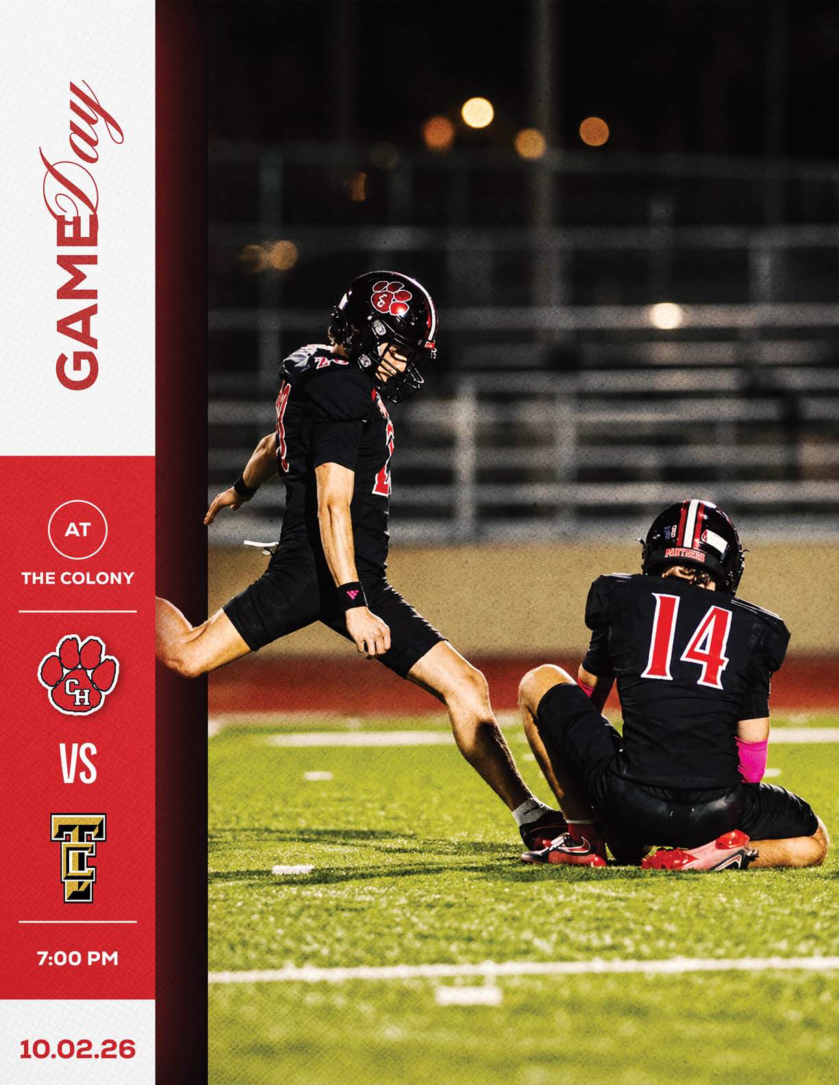 Two people in black football uniforms are on a field with one kicking a ball held by the other, accompanied by a graphic showing a game day event between two teams at The Colony. Description generated by AI