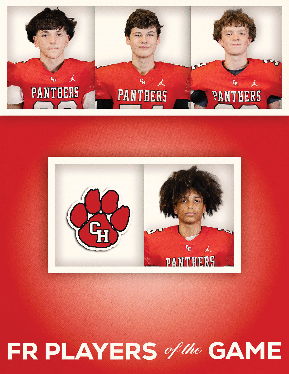 Four young people wearing red Panthers football jerseys are shown with a Panthers paw logo and the text “FR PLAYERS of the GAME" on a red background. Description generated by AI