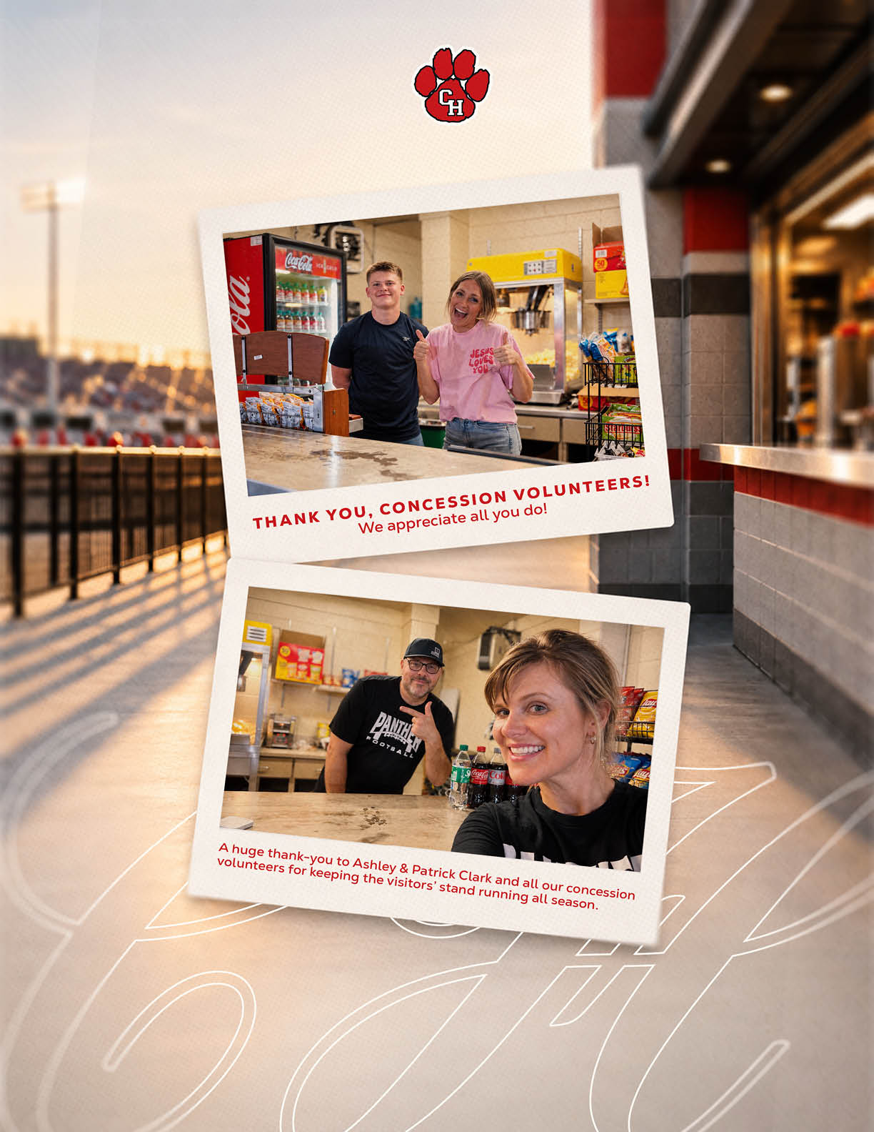 Two photos show smiling adults volunteering behind a concession stand with snacks and drinks, accompanied by thank you messages for their help. Description generated by AI