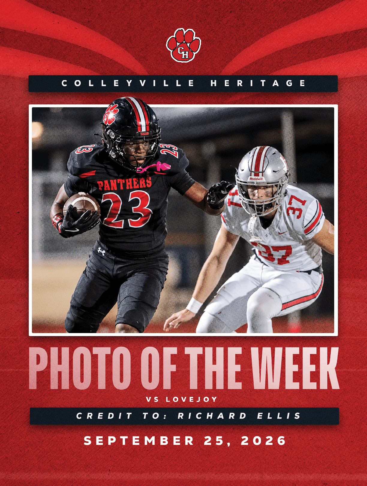 Two athletes in football uniforms are engaged in a play on the field with one running with the ball and the other attempting to defend, set against a red background with text highlighting the photo as the “Photo of the Week" for September 25, 2026. Description generated by AI