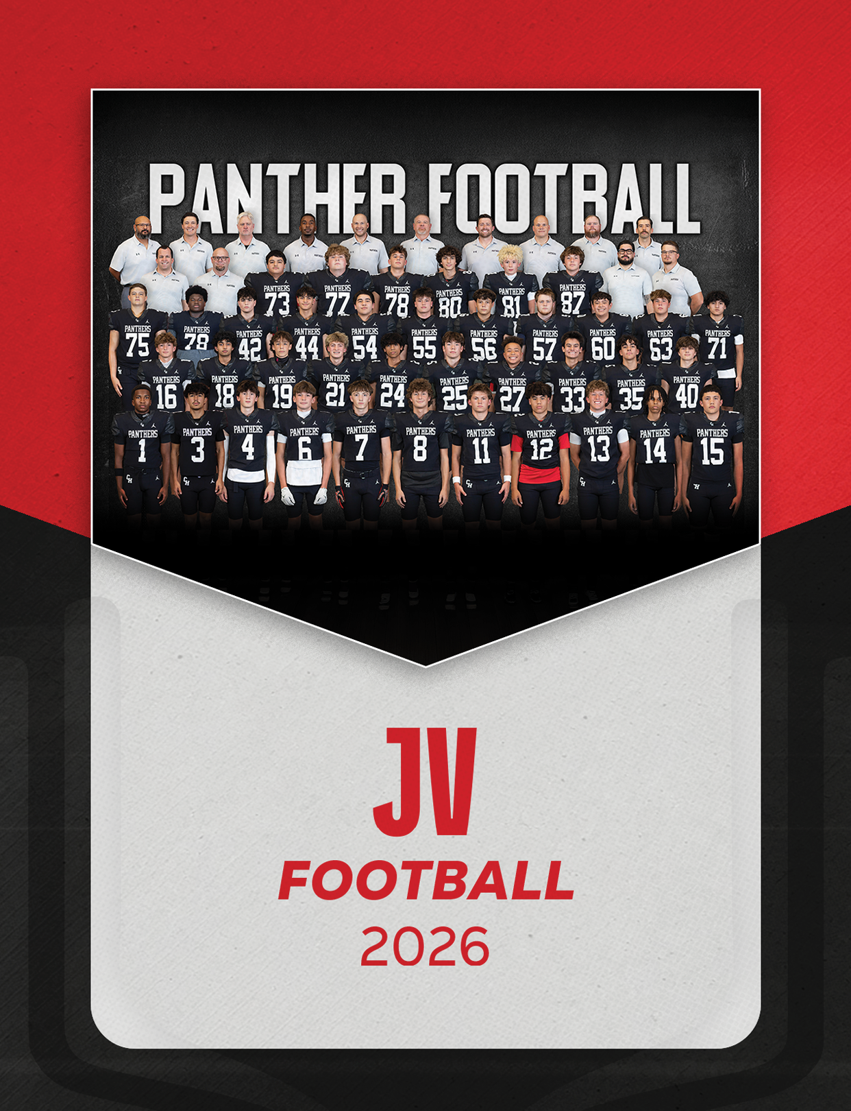 A group of people wearing football uniforms and coaches in white shirts pose for a team photo under the text Panther Football with JV Football 2026 written below. Description generated by AI