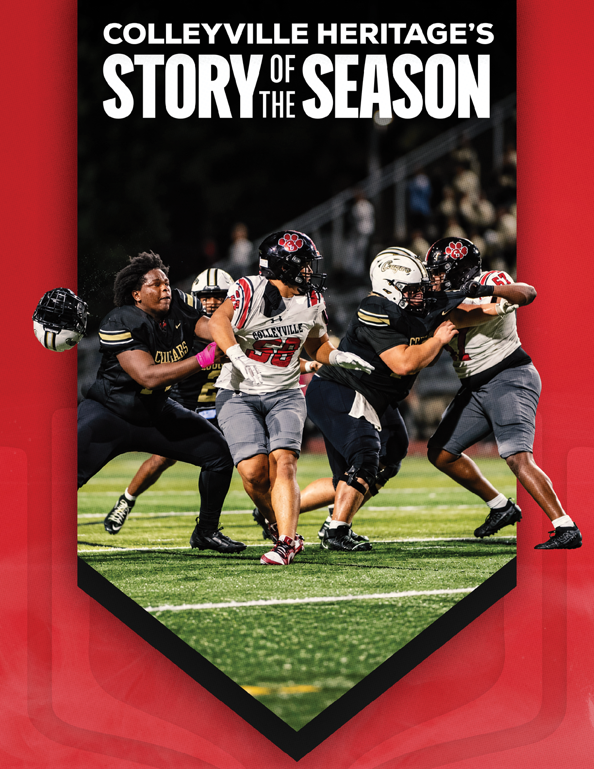 Several people in football uniforms are actively engaged in a game on a field under stadium lights with the text “Colleyville Heritage's Story of the Season" above them. Description generated by AI