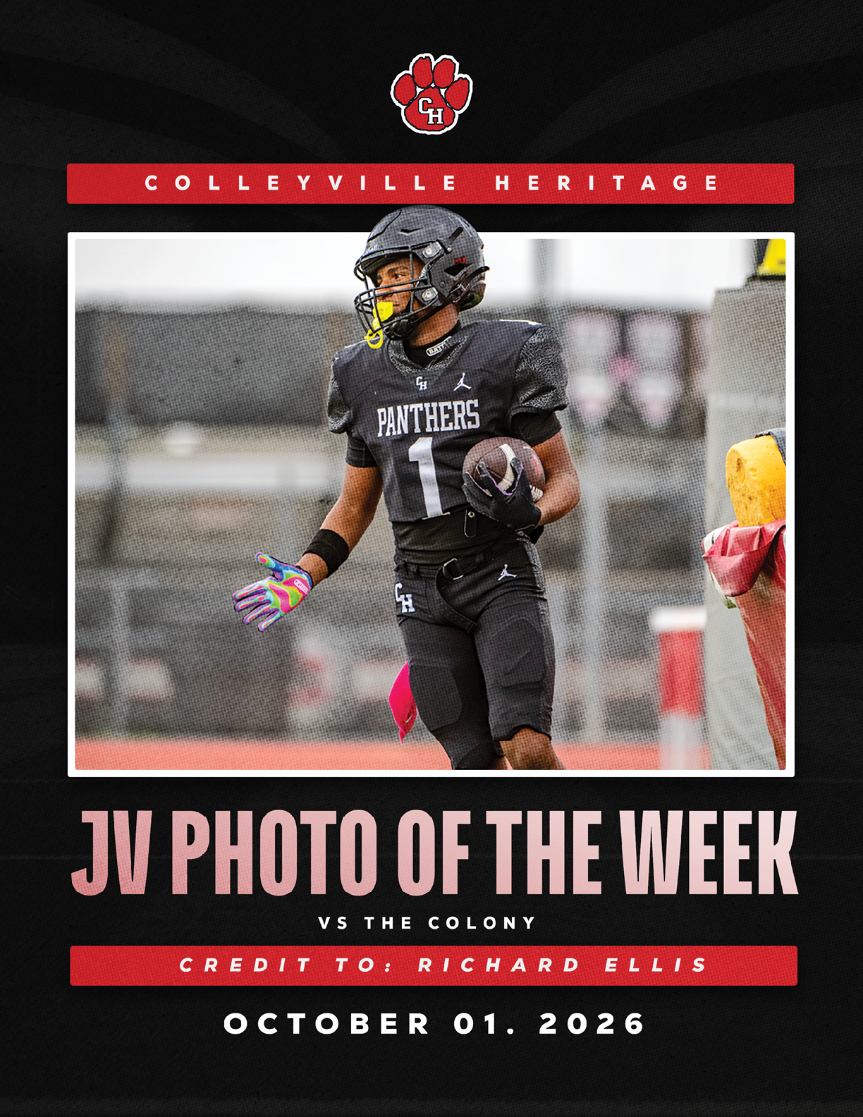 A person in a black football uniform with the word Panthers and number 1 is running on a field holding a football, featured as the JV Photo of the Week for Colleyville Heritage versus The Colony on October 1, 2026. Description generated by AI
