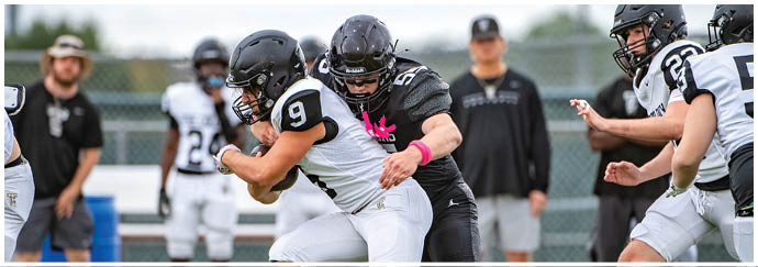 Two people in athletic clothing are engaged in a football play on a field with others standing in the background. Description generated by AI