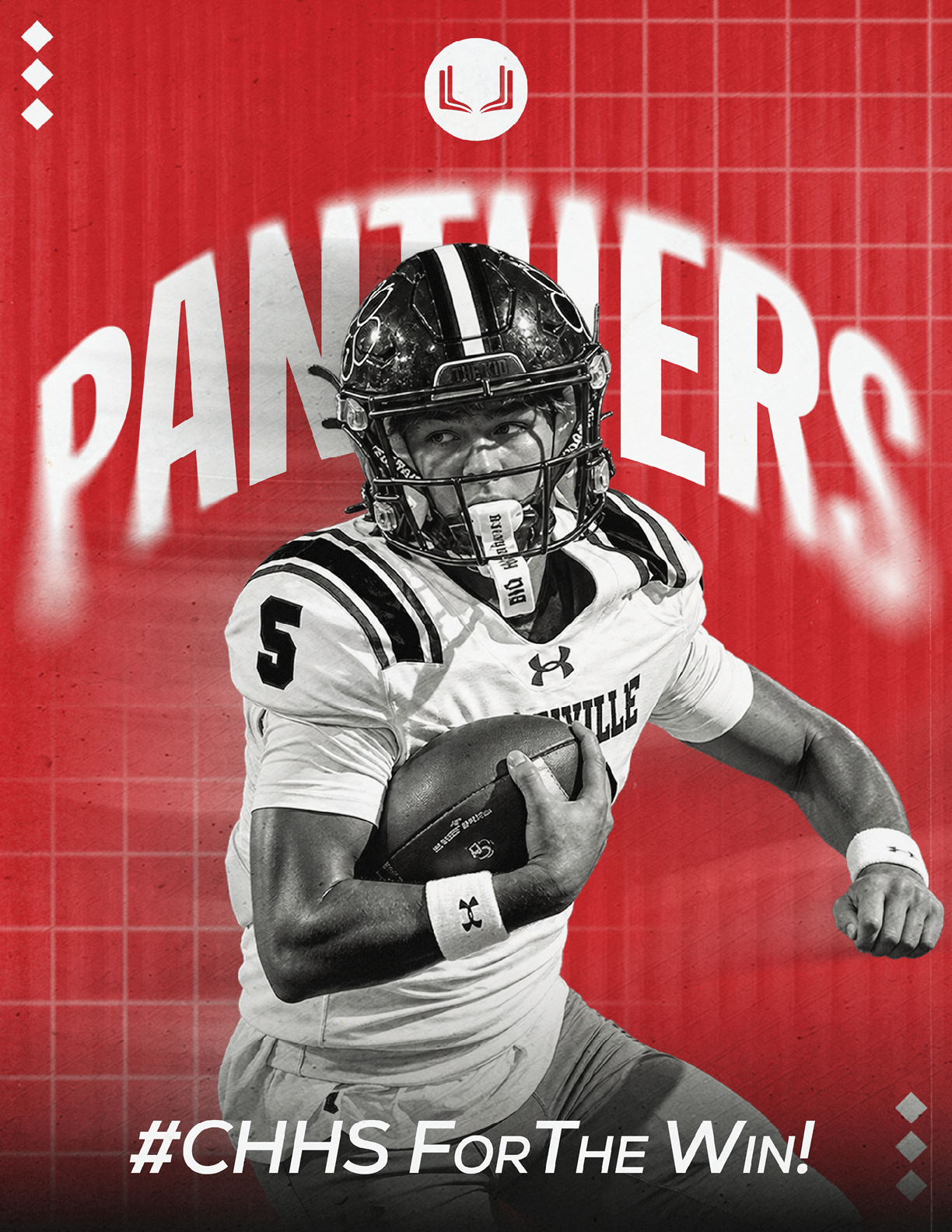 A person in a football uniform and helmet is running with a football against a red background with the word “PANTHERS" and the hashtag "#CHHS For The Win!" displayed. Description generated by AI