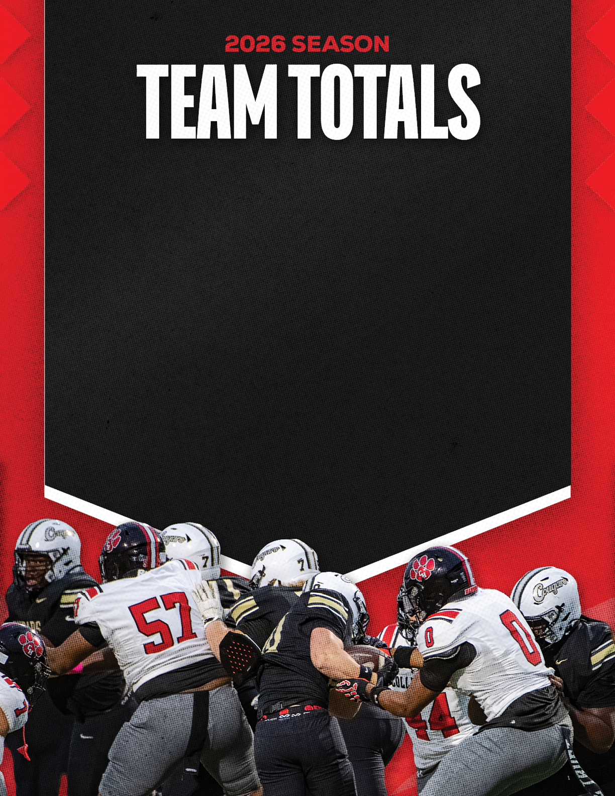 A group of football players in black and white uniforms are engaged in a play on a red background with the text 2026 Season Team Totals above them. Description generated by AI