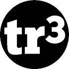 A black circle with the white text “tr³" centered inside it. Description generated by AI