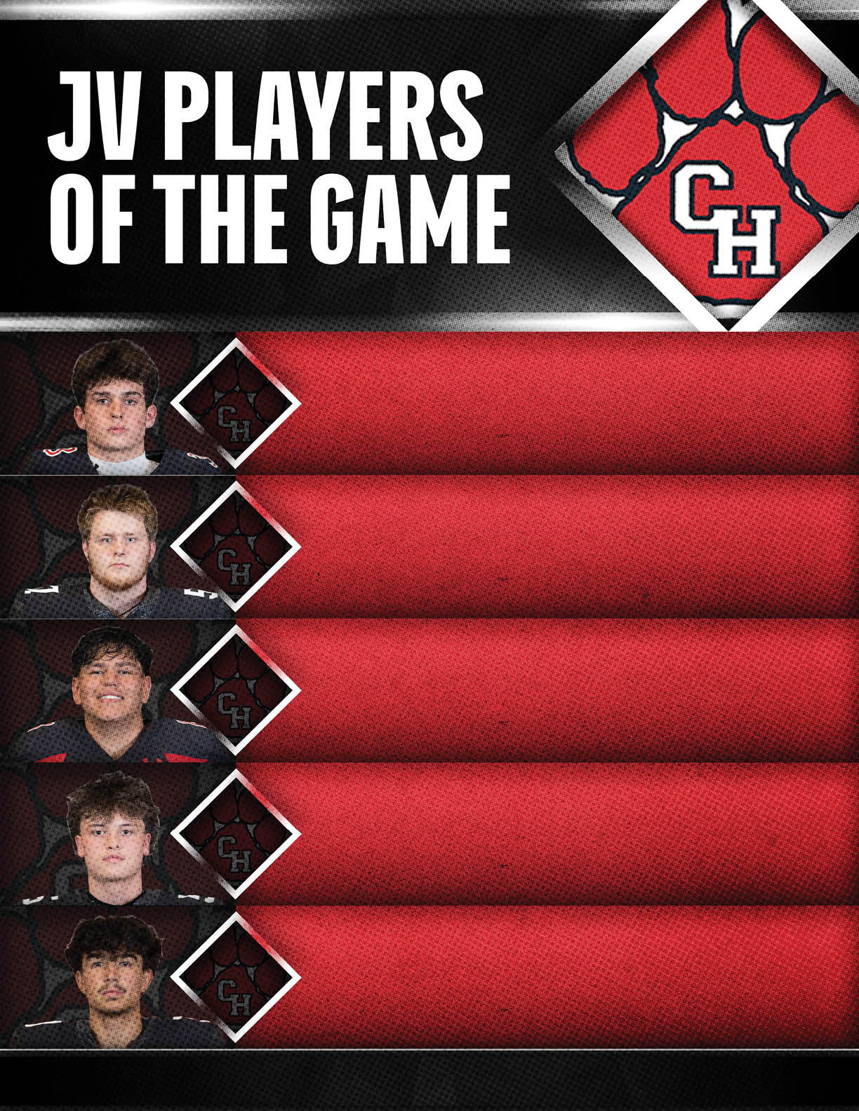 JV players of the game graphic featuring five people with short hair against a red and black background with a paw print logo. Description generated by AI