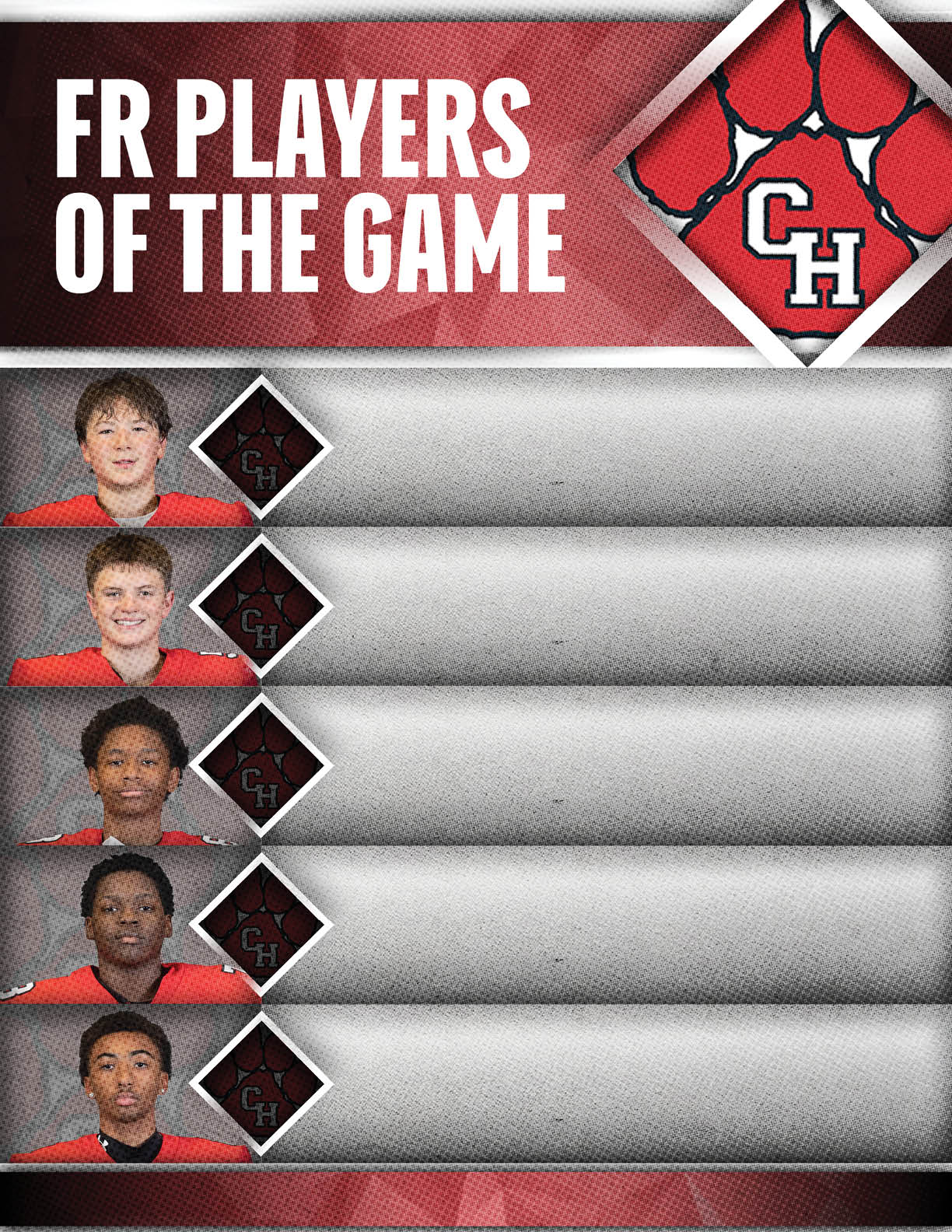 Five children wearing red sports jerseys are shown as freshman players of the game with a red and white background featuring a paw print logo and the letters CH. Description generated by AI