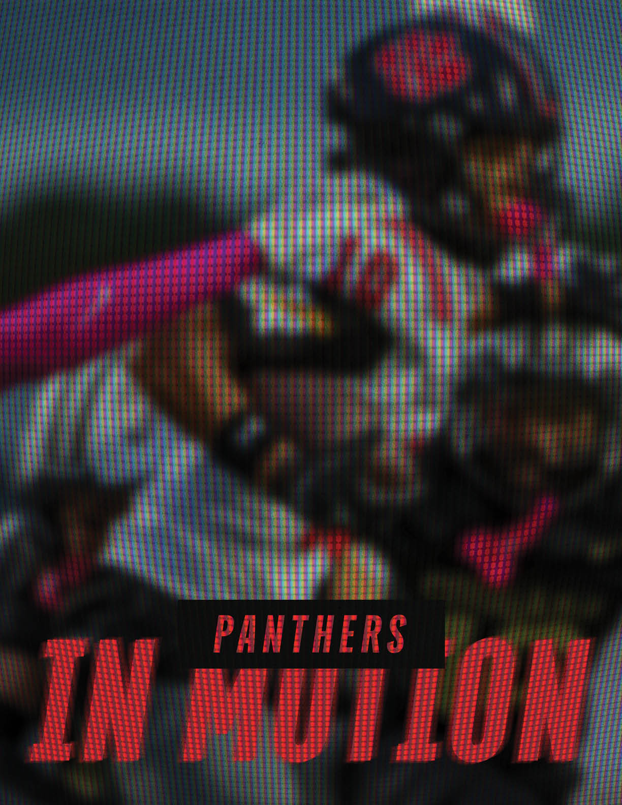 People in football uniforms are engaged in a game with the text “Panthers In Motion" overlaid in bold red and black letters. Description generated by AI