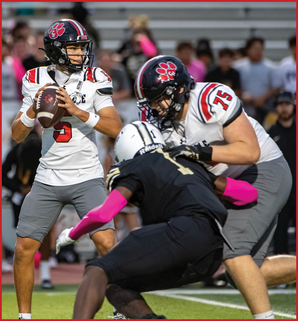 A group of people in football uniforms are actively engaged in a game on a field with spectators in the background. Description generated by AI