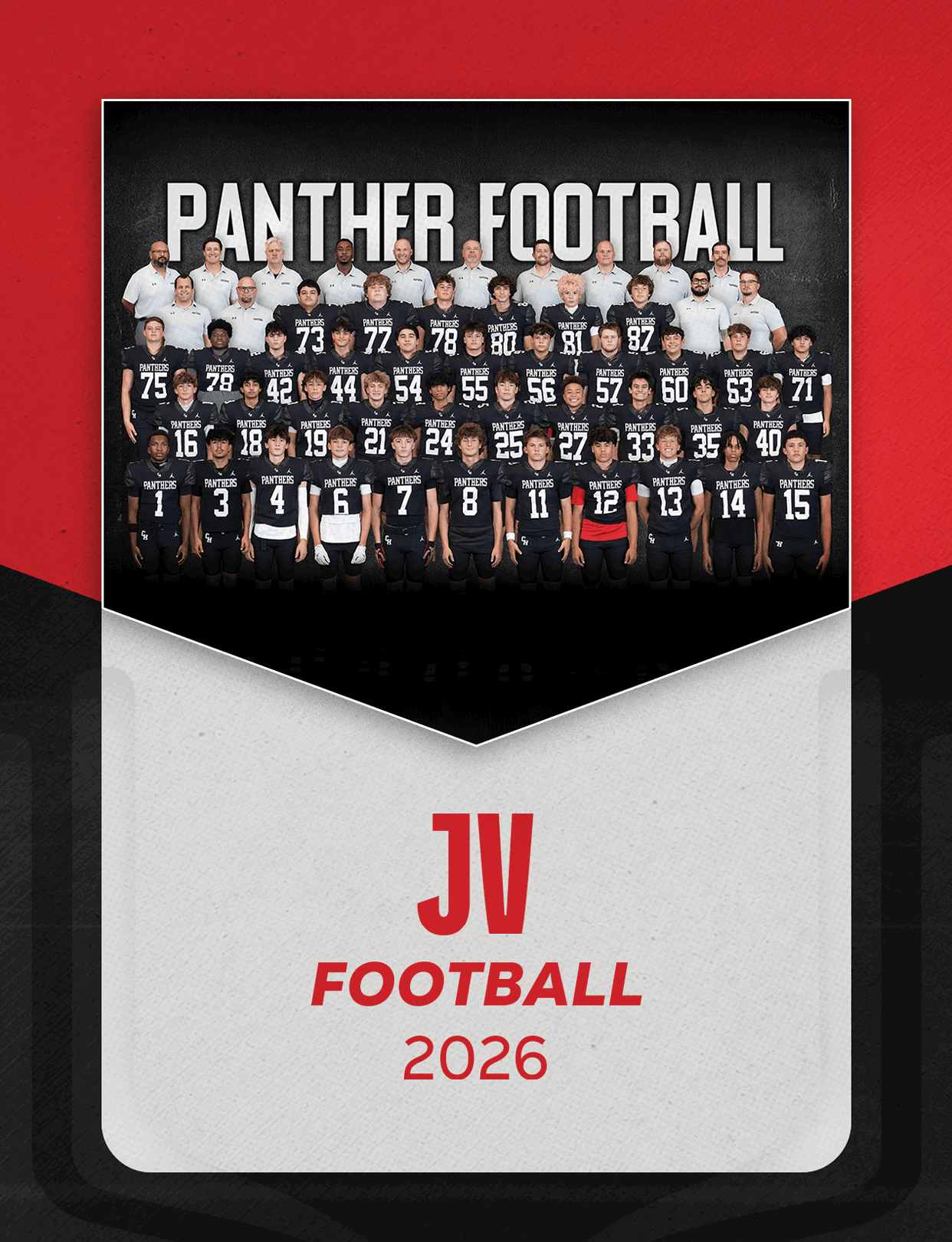 A group of people wearing football uniforms and coaches in white shirts pose for a team photo under the text Panther Football with JV Football 2026 written below. Description generated by AI