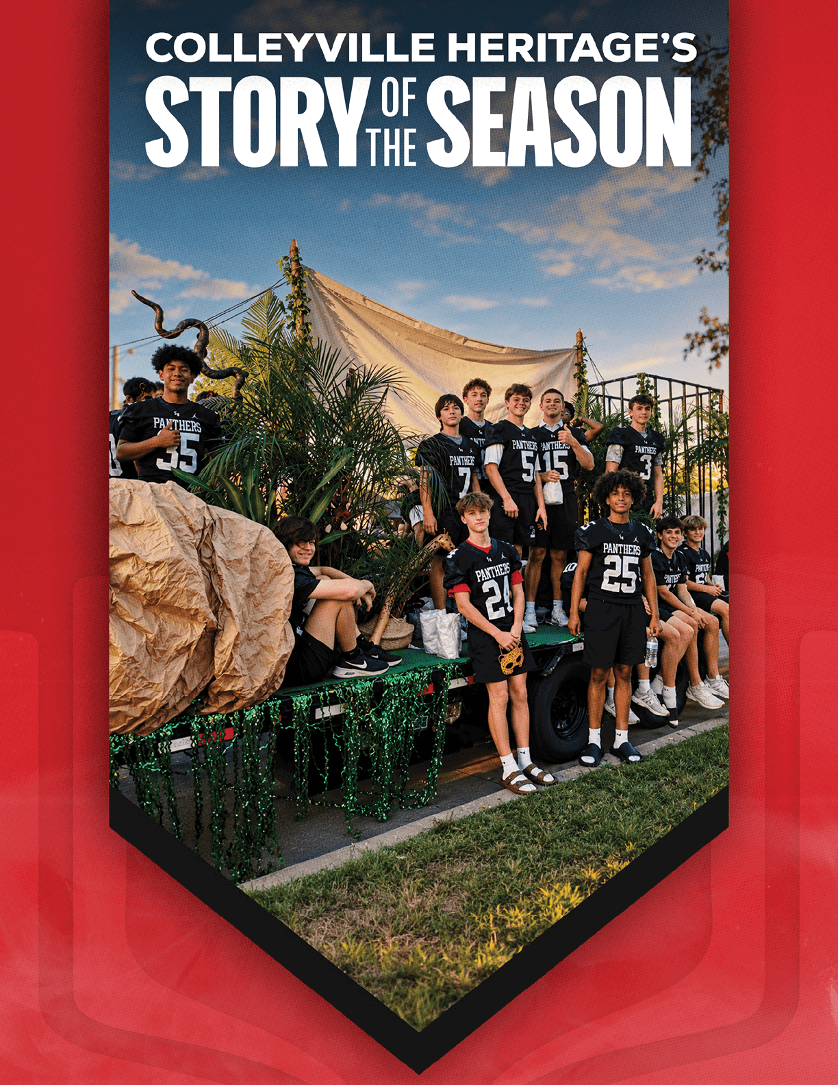 A group of people wearing football jerseys pose outdoors with two mascot costumes and a banner that reads “Freshman Panther Football" under the headline "Colleyville Heritage's Story of the Season." Description generated by AI