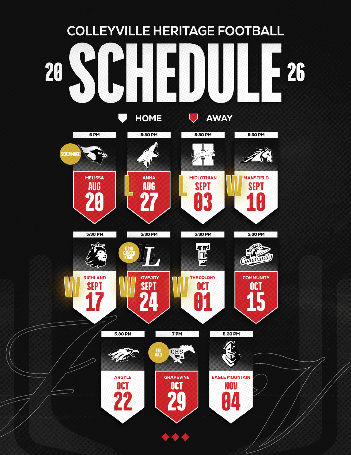 Colleyville Heritage Football 2026 schedule displayed with dates, opponents, and home or away game indicators in a bold, graphic style on a black background. Description generated by AI
