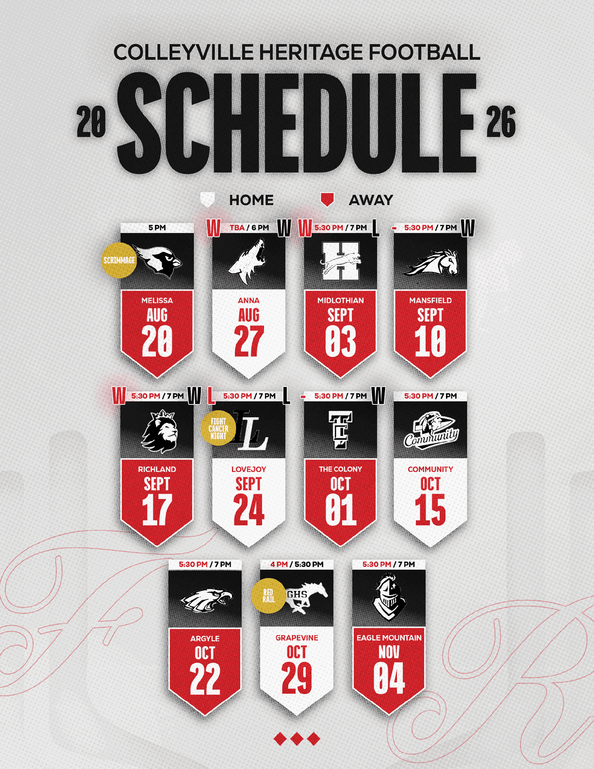 The Colleyville Heritage Football 2026 schedule displays home and away games with team logos and dates in a bold, organized layout on a gray background. Description generated by AI