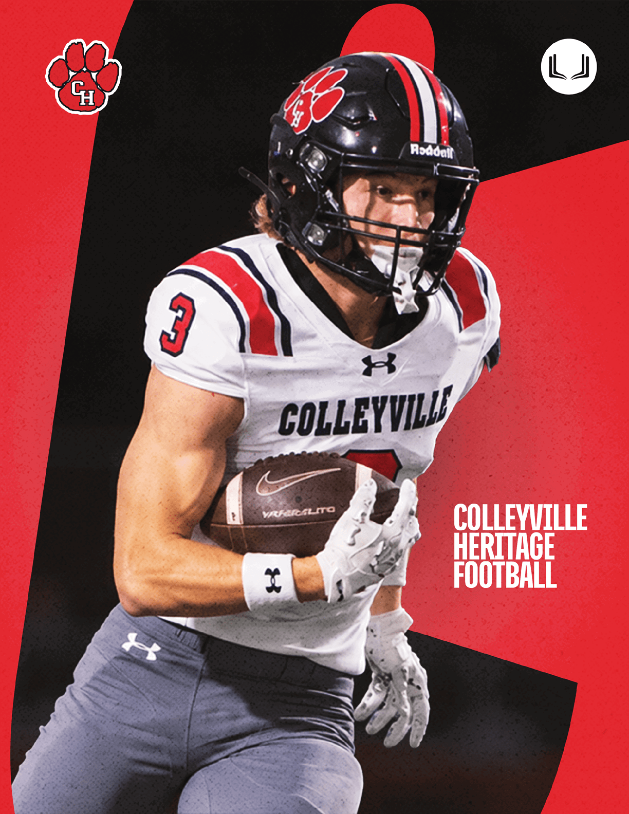 An adult football player wearing a Colleyville Heritage uniform and helmet is running with a football against a red and black background. Description generated by AI