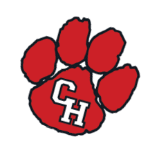 A red paw print with the white letters CH outlined in black inside the largest pad. Description generated by AI