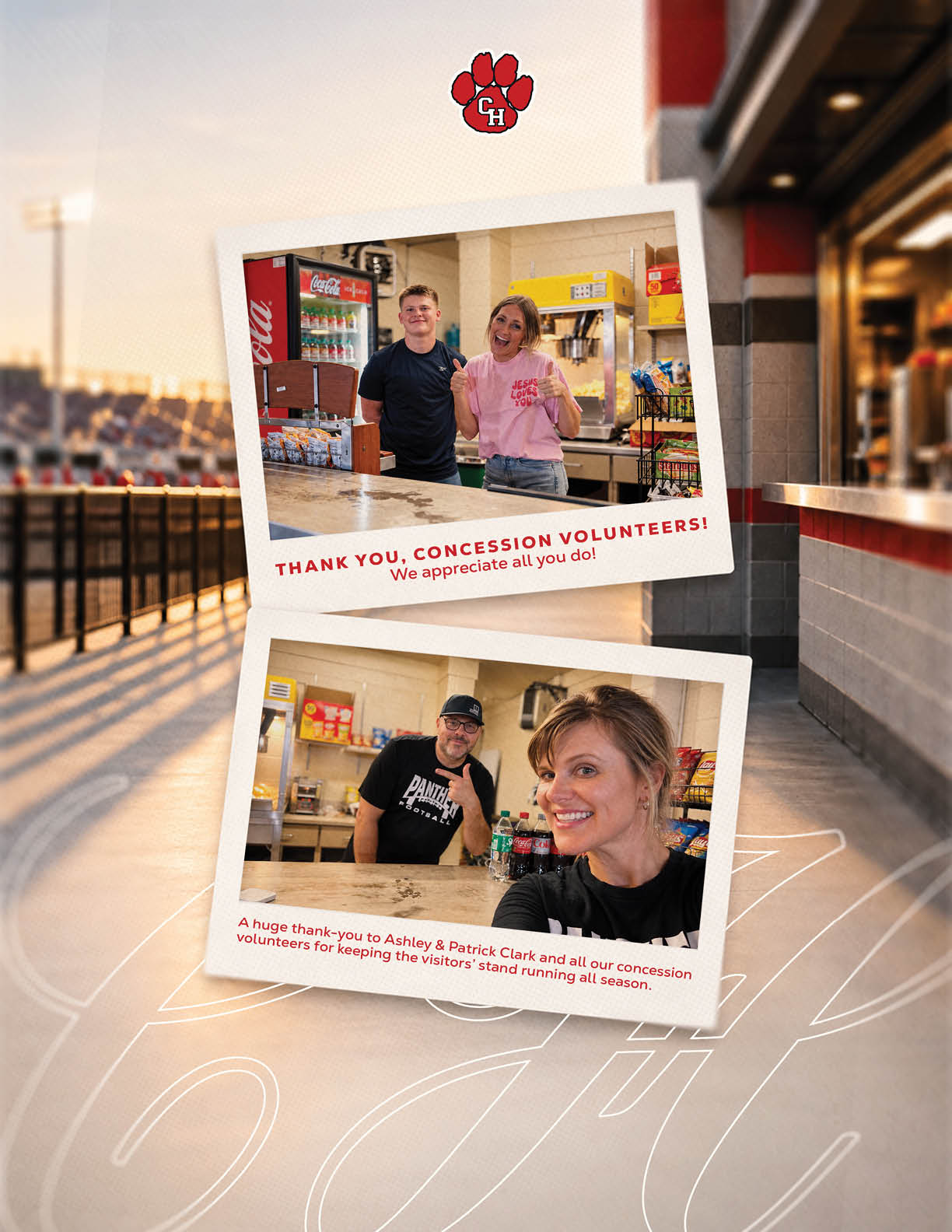 Two photos show smiling adults volunteering behind a concession stand with snacks and drinks, accompanied by thank you messages for their help. Description generated by AI
