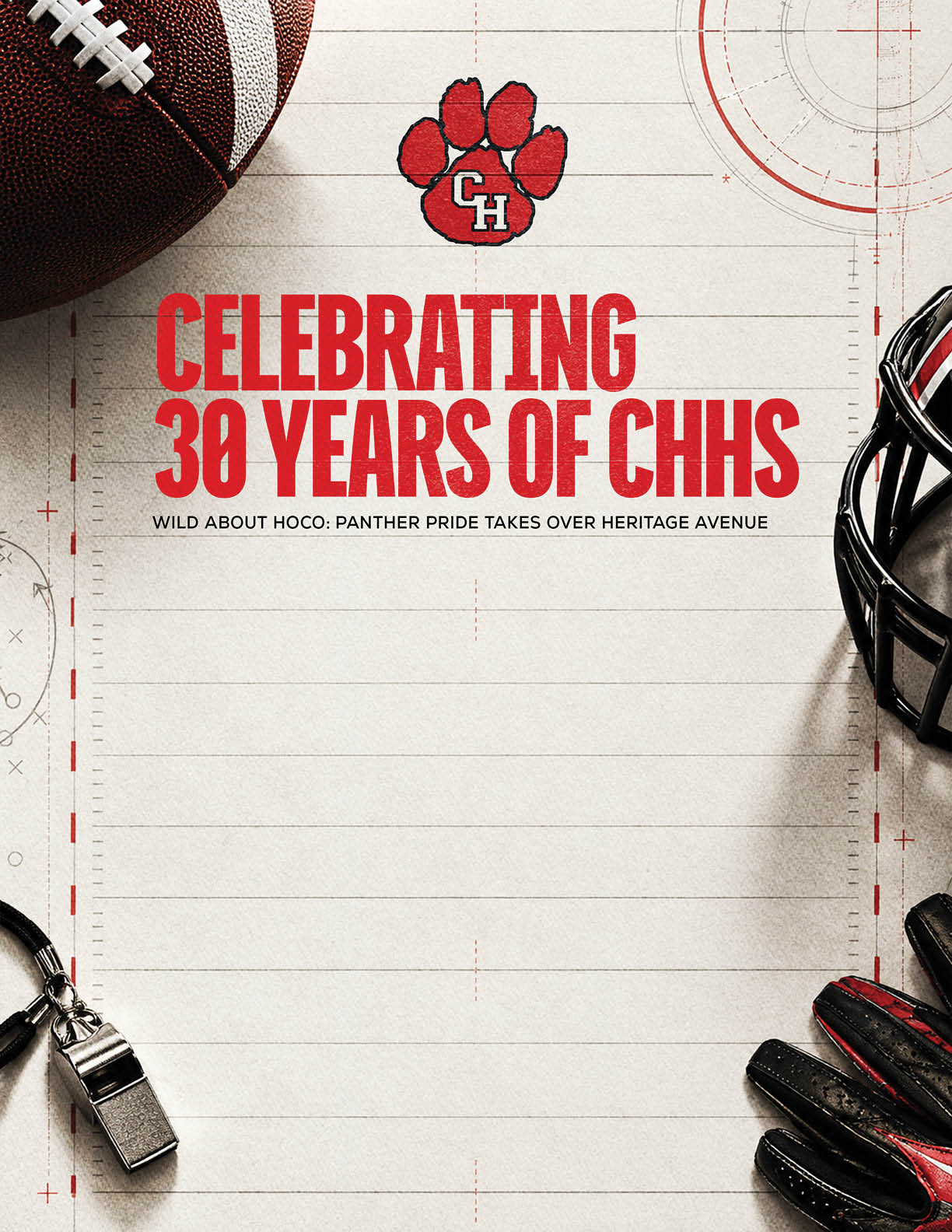 A sports-themed graphic with a football, helmet, whistle, and a red paw print logo celebrating 30 years of CHHS with bold red text on a lined background. Description generated by AI