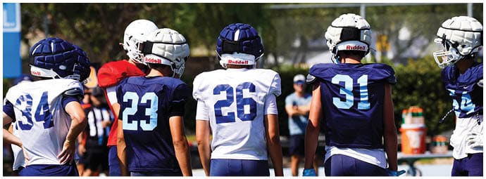 A football player wearing a blue and white uniform. Description generated by AI
