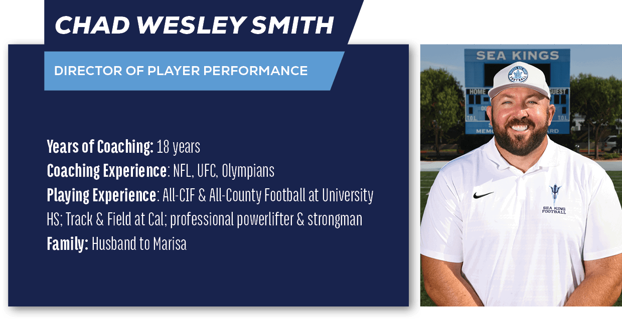 Chad Wesley Smith,Director of Player Performance,Years of Coaching: 18 years Coaching Experience: NFL, UFC, Olympians...