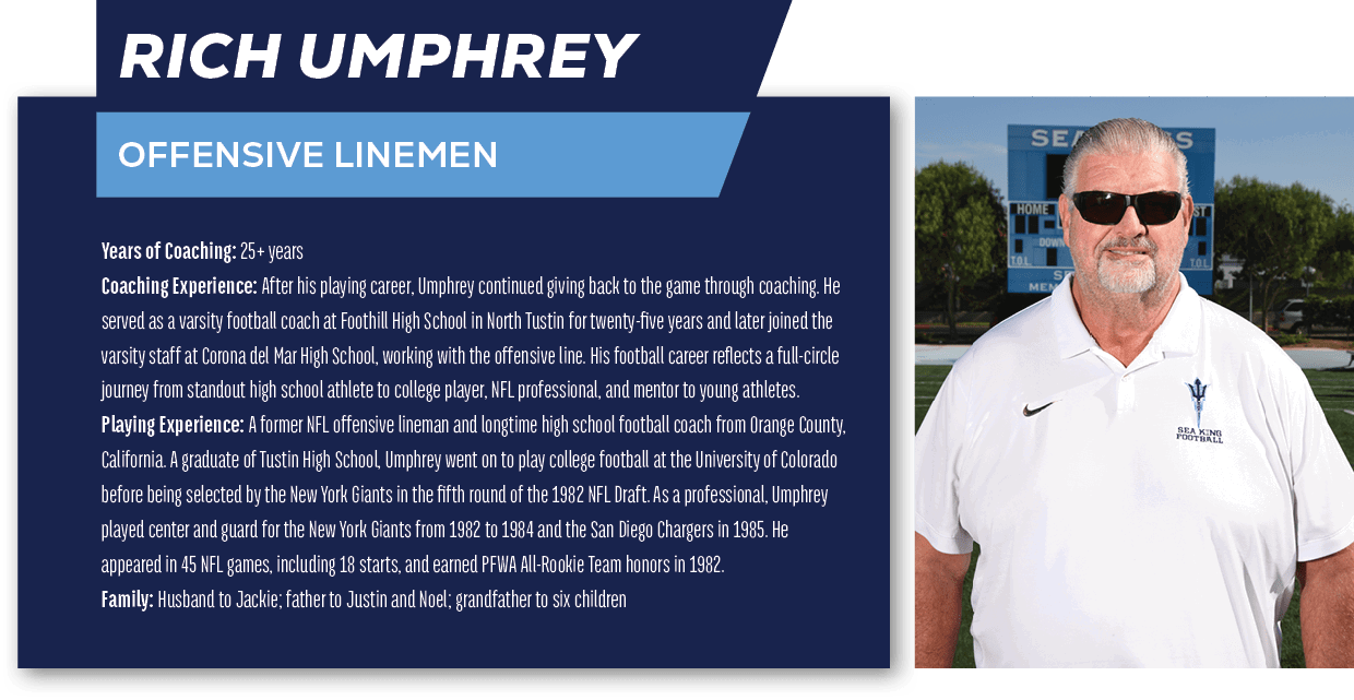 Rich Umphrey,OFFENSIVE LINEMEN,Years of Coaching: 25+ years Coaching Experience: After his playing career, Umphrey co...