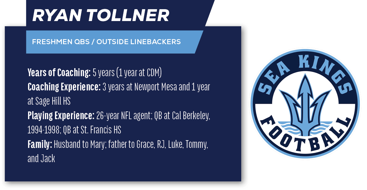 Ryan Tollner ,FRESHMEN QBs / Outside Linebackers ,Years of Coaching: 5 years (1 year at CDM) Coaching Experience: 3 y...
