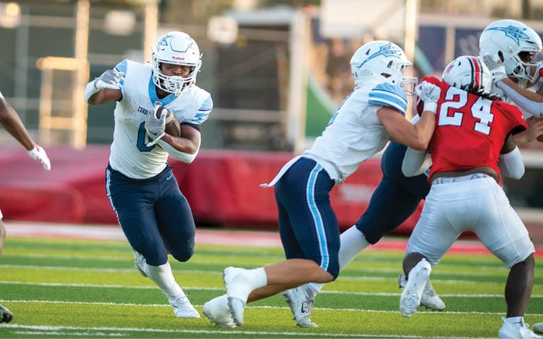 A football player wearing a blue and white jersey with the number 11 on it. Description generated by AI