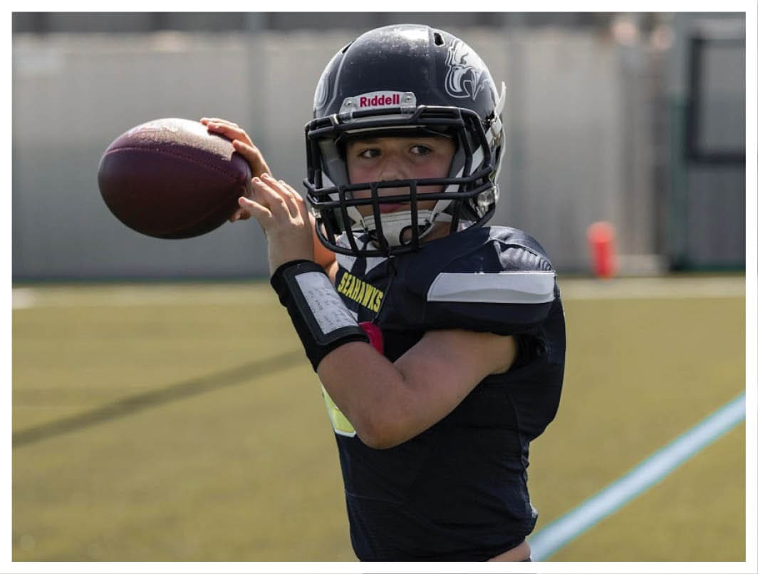 A football player wearing a blue and red jersey. Description generated by AI