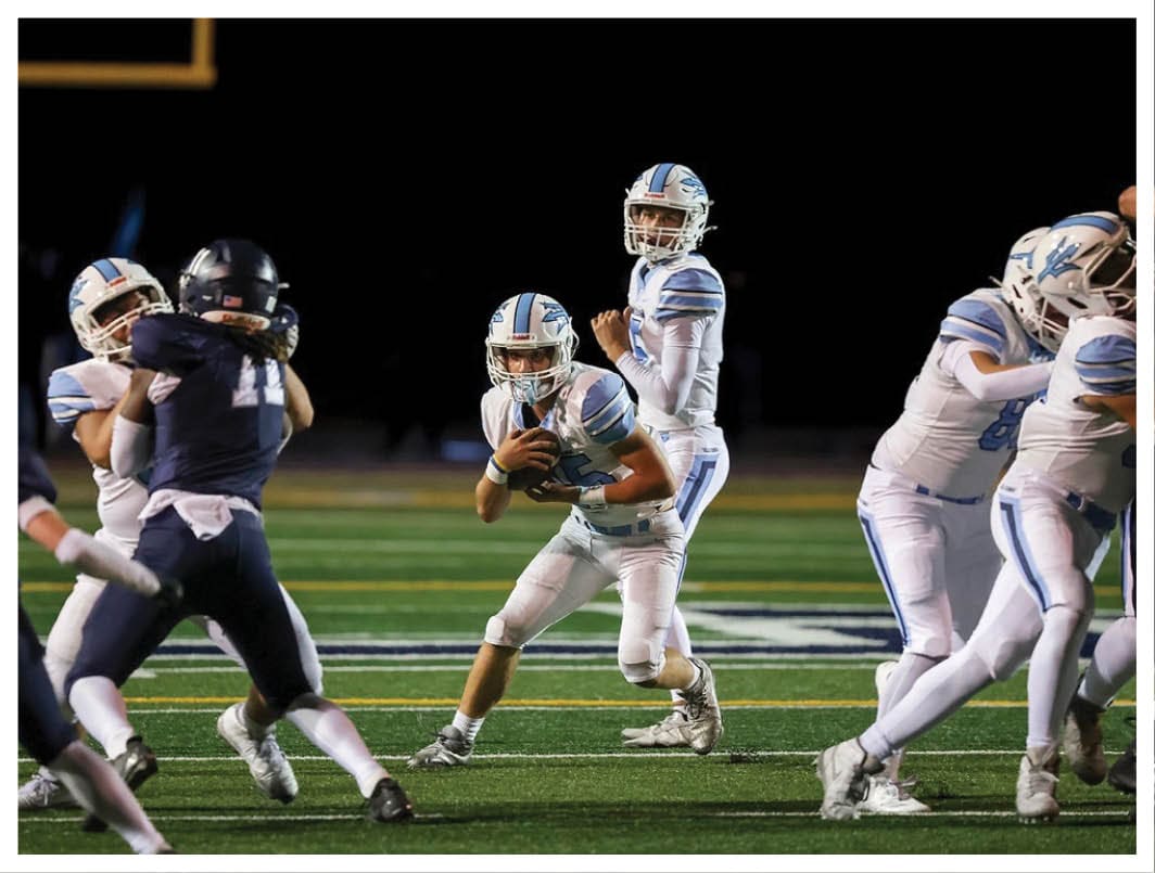 A football player wearing a blue and red jersey. Description generated by AI
