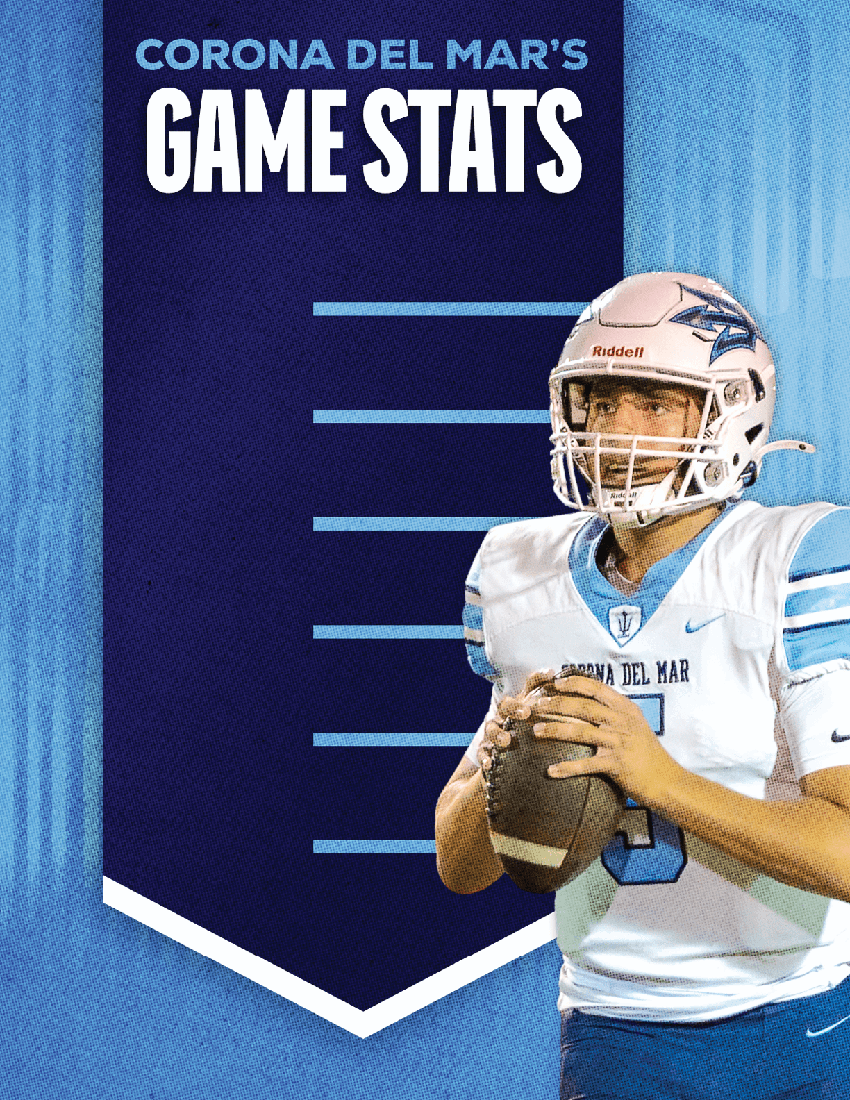 A football player wearing a blue and red jersey. Description generated by AI