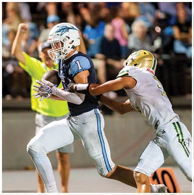 A football player running on the field. Description generated by AI