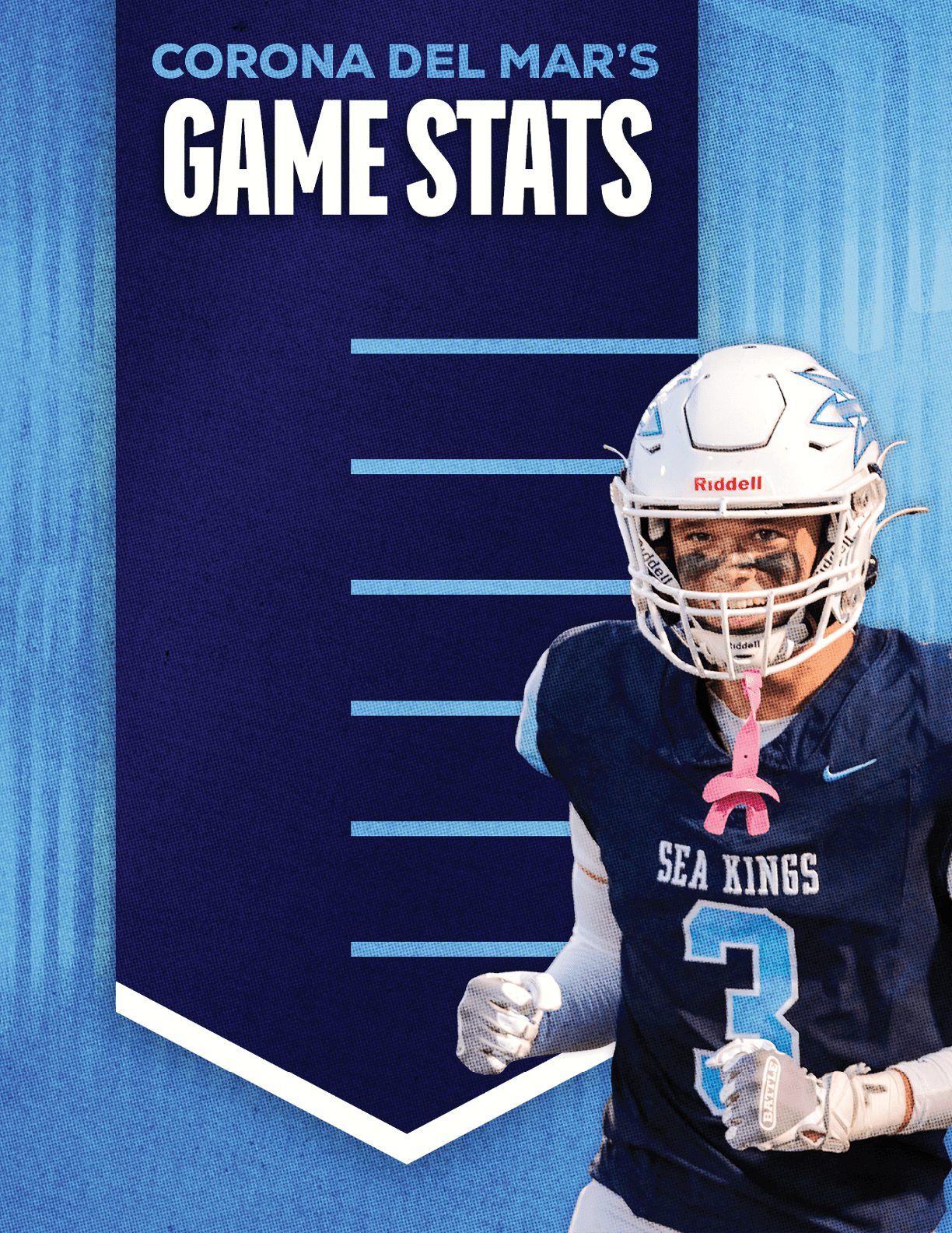 A football player wearing a blue and red jersey. Description generated by AI