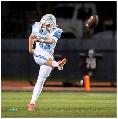 A football player running on the field. Description generated by AI