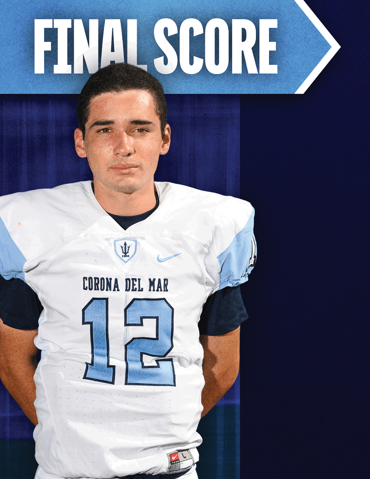 A football player with a white helmet and blue jersey. Description generated by AI
