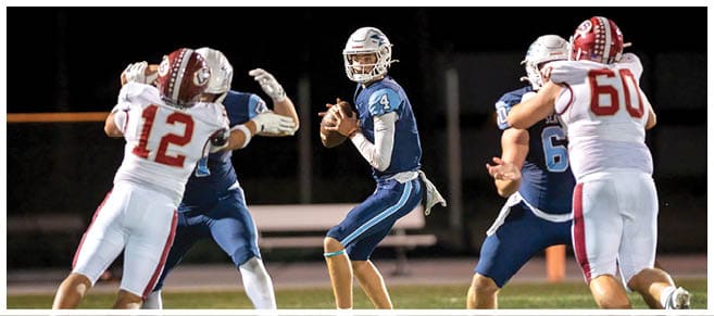 A football player wearing a blue jersey with the number 58 on it. Description generated by AI