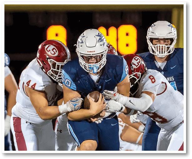 A football player is kicking a football on a field. Description generated by AI