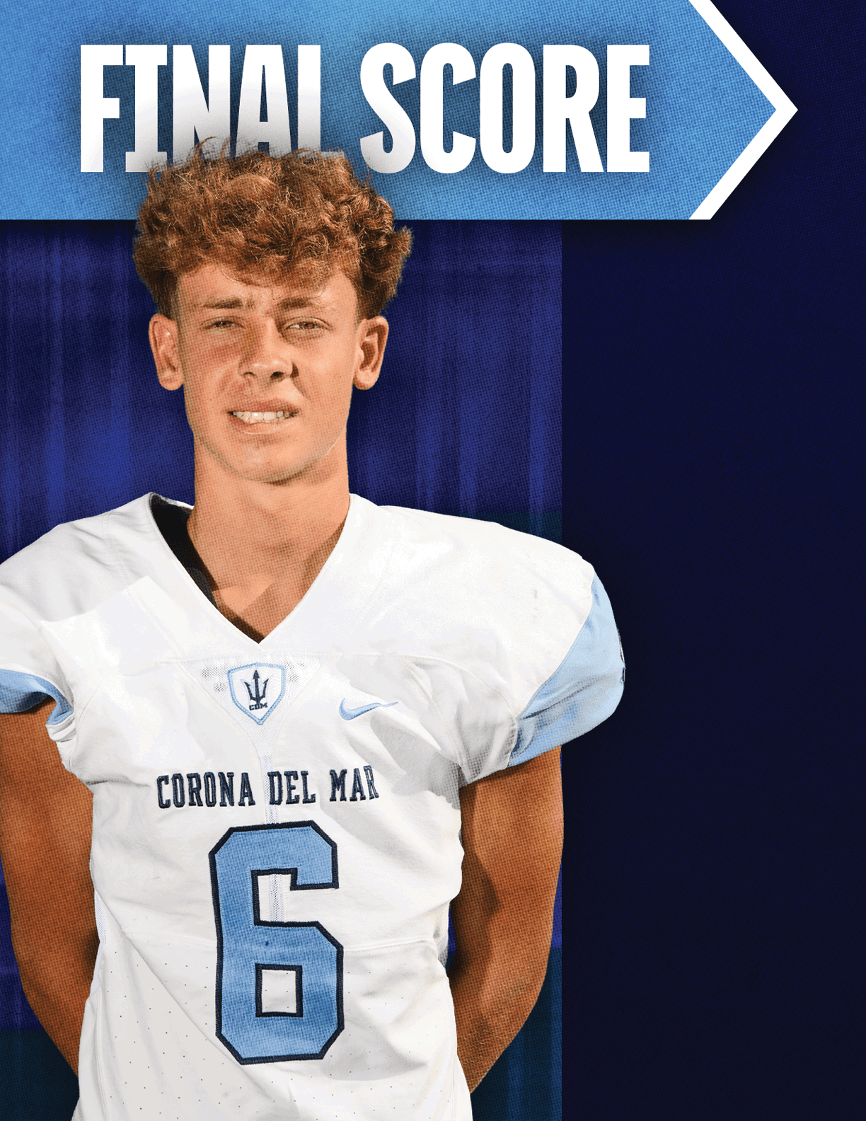 A football player with a white helmet and blue jersey. Description generated by AI