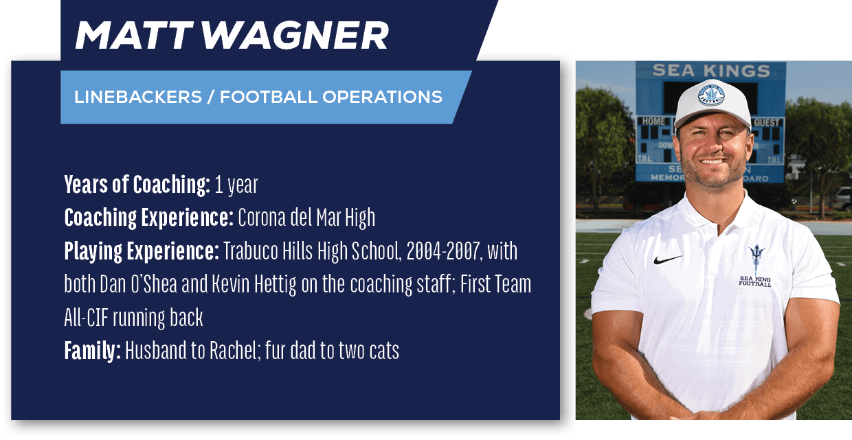 Matt Wagner ,Linebackers / Football Operations ,Years of Coaching: 1 year Coaching Experience: Corona del Mar High Pl...