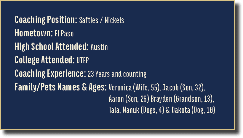 Coaching Position: Safties / Nickels Hometown: El Paso High School Attended: Austin College Attended: UTEP Coaching E...