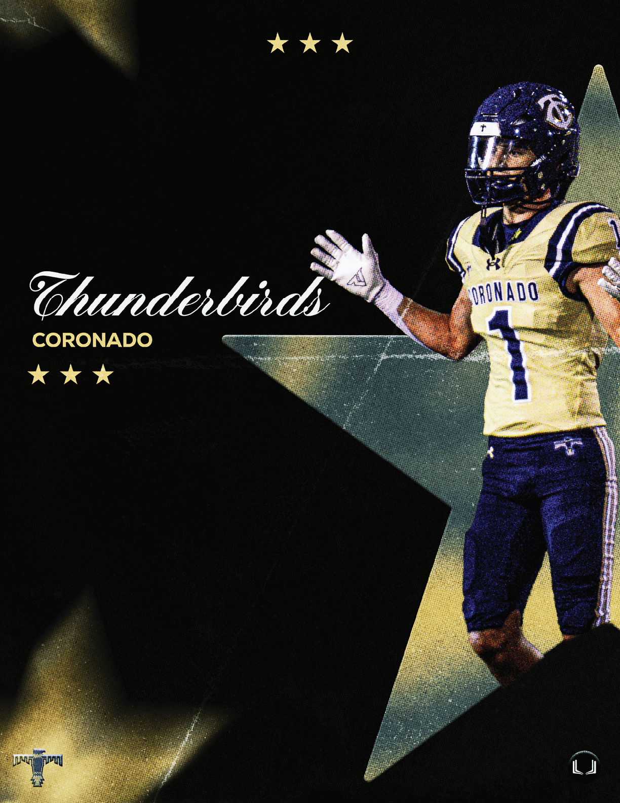A football player wearing a blue and white uniform. Description generated by AI