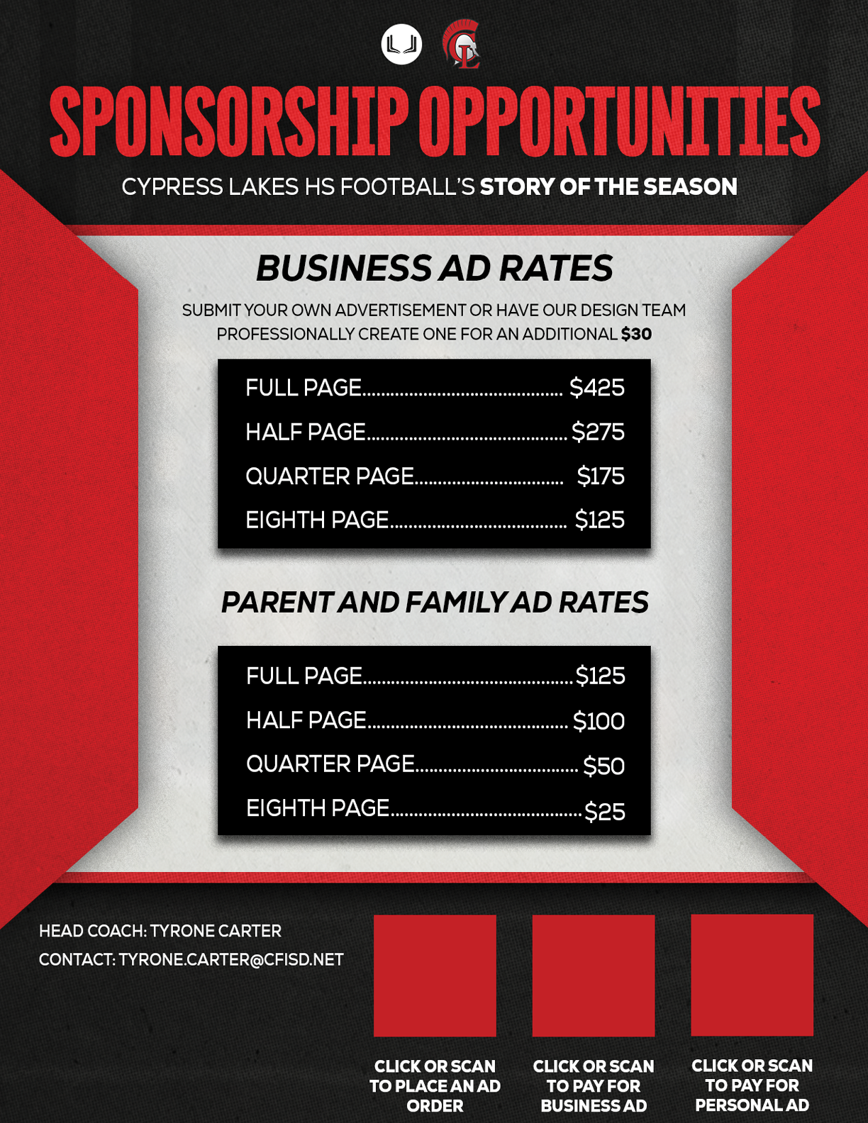 Sponsorship opportunities for Cypress Lakes High School football season with business and family ad rates and contact information on a red and black background. Description generated by AI