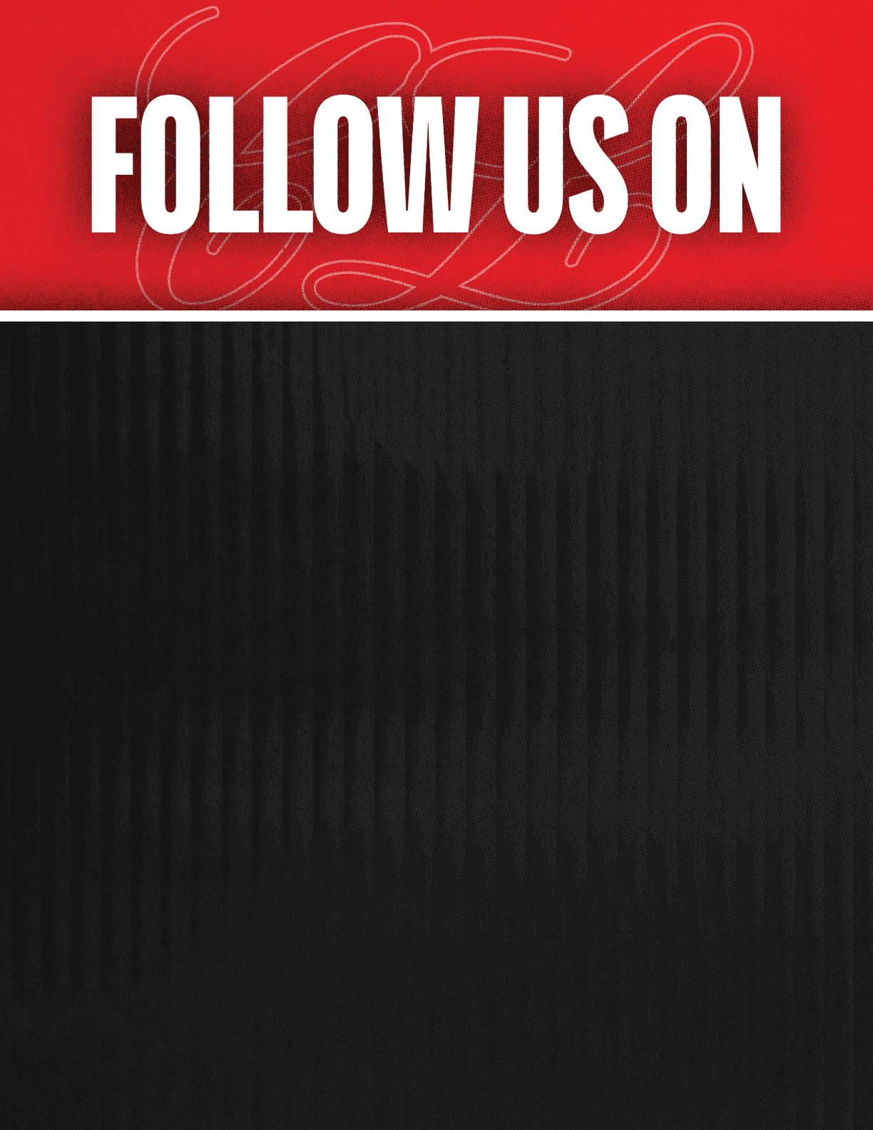 A black and red sign that says Follow Us On. Description generated by AI