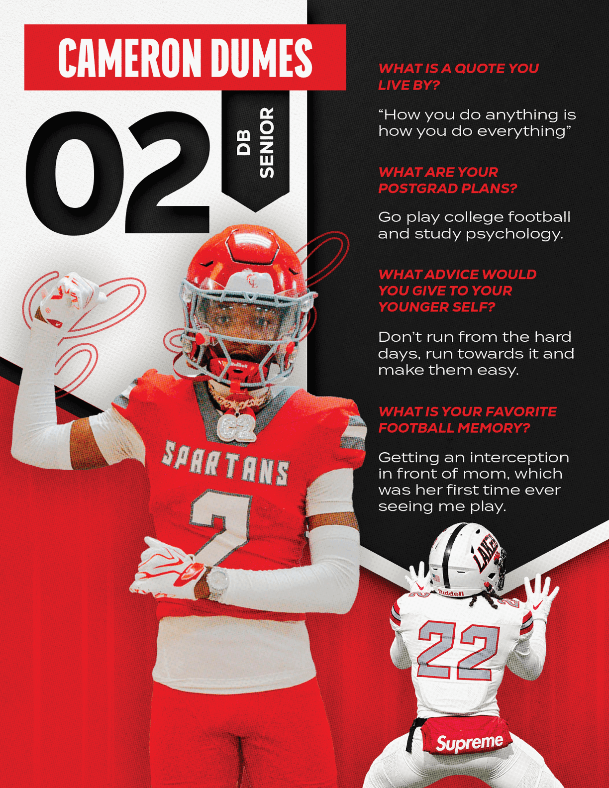 An athlete wearing a red football uniform with the number 2 and a helmet is posed with one arm raised while another athlete in a white uniform with the number 22 is kneeling with hands raised, accompanied by text about Cameron Dumes including a quote, postgrad plans, advice, and a favorite football memory. Description generated by AI