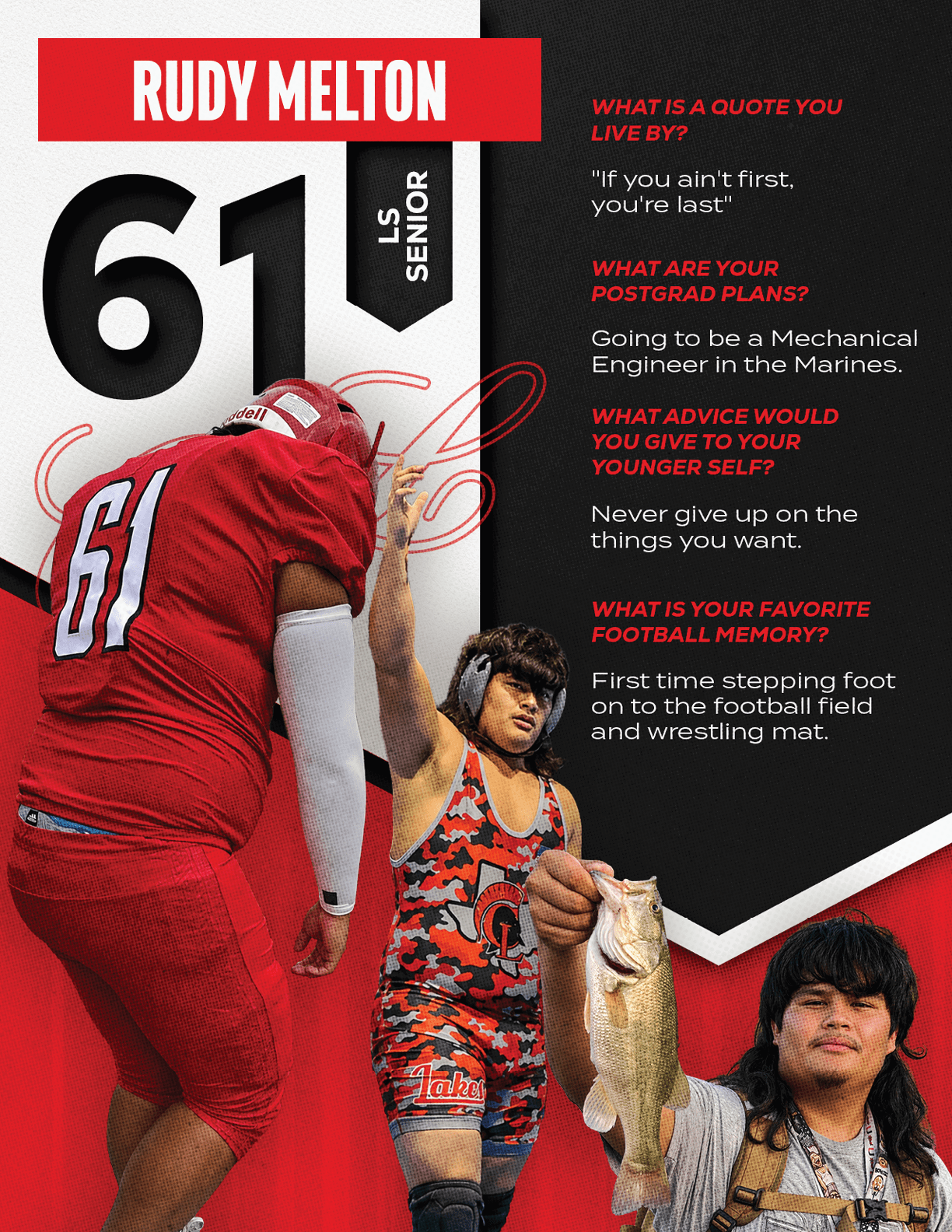 An athlete in a red football uniform with the number 61 is raising the hand of a person in a wrestling singlet while another person holds a large fish, accompanied by text about Rudy Melton's quotes and plans. Description generated by AI