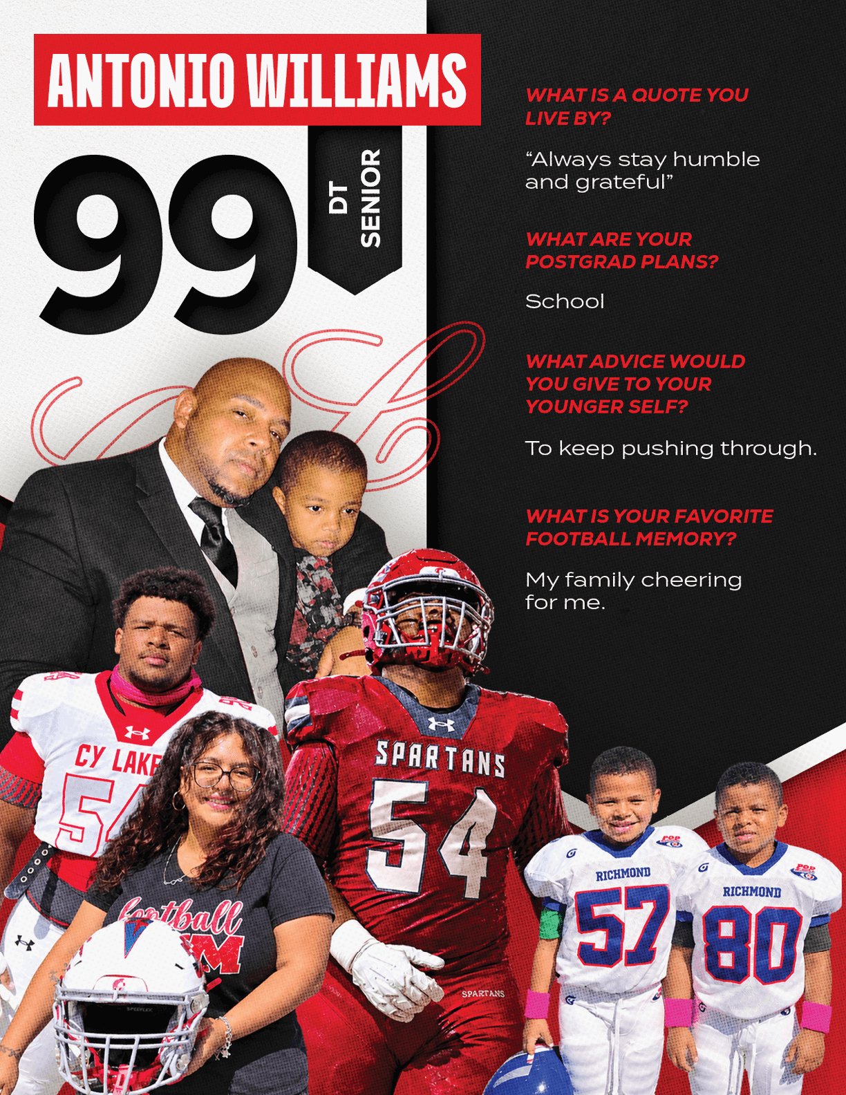 A person wearing a Wildcats football jersey with the number seven smiles in front of a graphic featuring the name Antonio Williams, the number 99, and text with quotes about life, postgrad plans, advice, and a favorite football memory. Description generated by AI