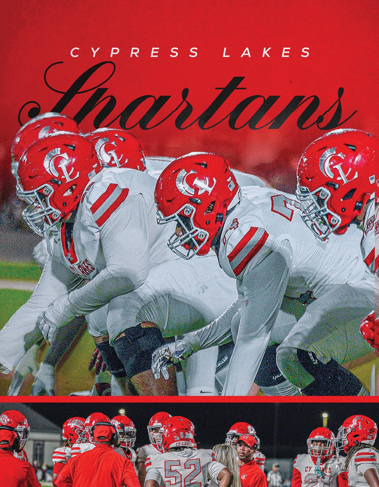 A group of football players in white uniforms and red helmets are lined up on the field under the text “Cypress Lakes Spartans" with a crowd of players and coaches visible in the background. Description generated by AI