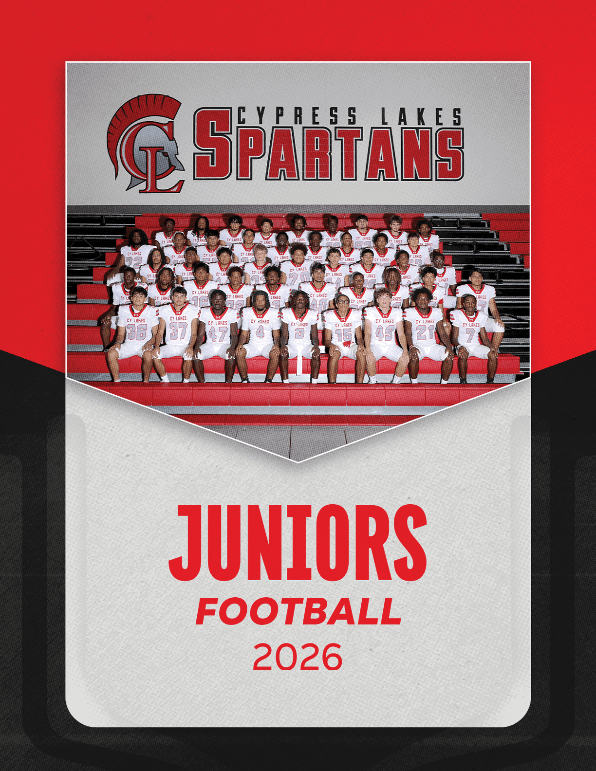 A group of people in white sports uniforms posing on bleachers under a banner that reads Cypress Lakes Spartans with a Spartan helmet logo and the text Juniors Football 2026 below. Description generated by AI